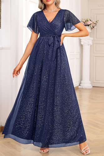 Pinup Fashion Formal Gowns and Evening Dresses - Glitter Prom V Neck Flutter Sleeve A-line Long Dress with Belt3