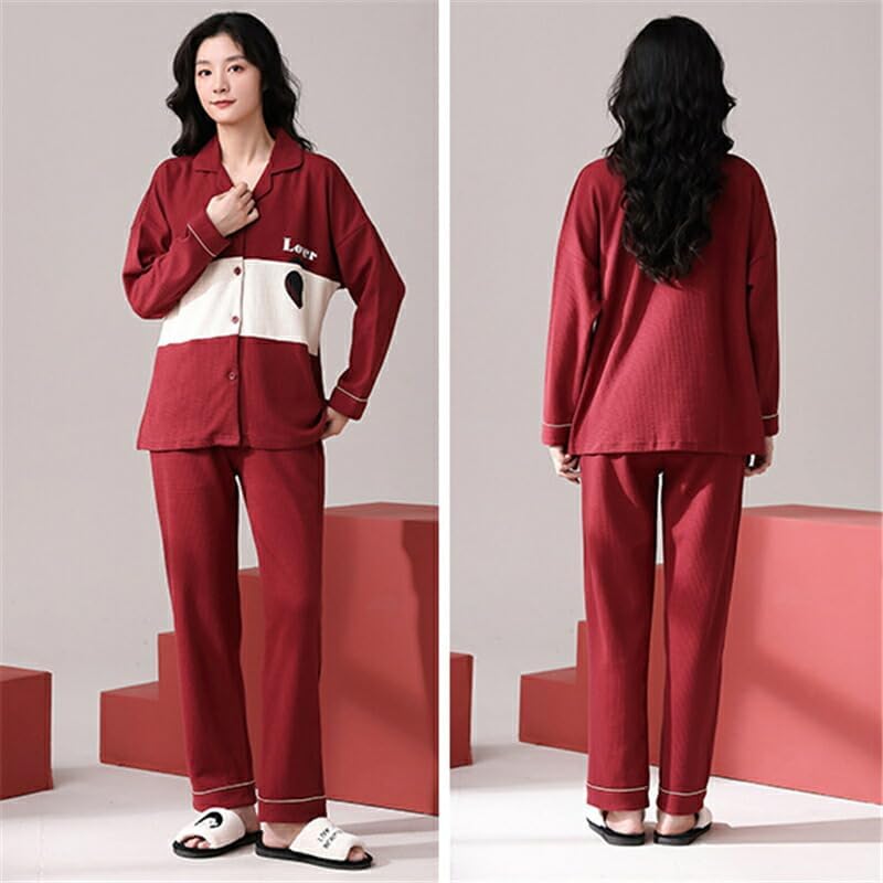 「ジュタオピン」 ペア パジャマ 綿 ハート パッチワークスタイル 前開き セットアップ カップル 春 秋 秋冬 赤 綿100％ 長