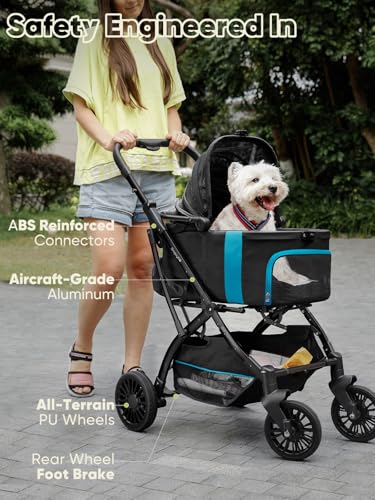 Image of Small Dog Stroller, Pet Stroller for Small Dogs, 5-in-1 Dog Strollers - Fold All in One Without Detaching Carrier, Pet Strollers with Removable Waterproof Carrier for Dogs Cats 10 lbs 20 lbs - Black