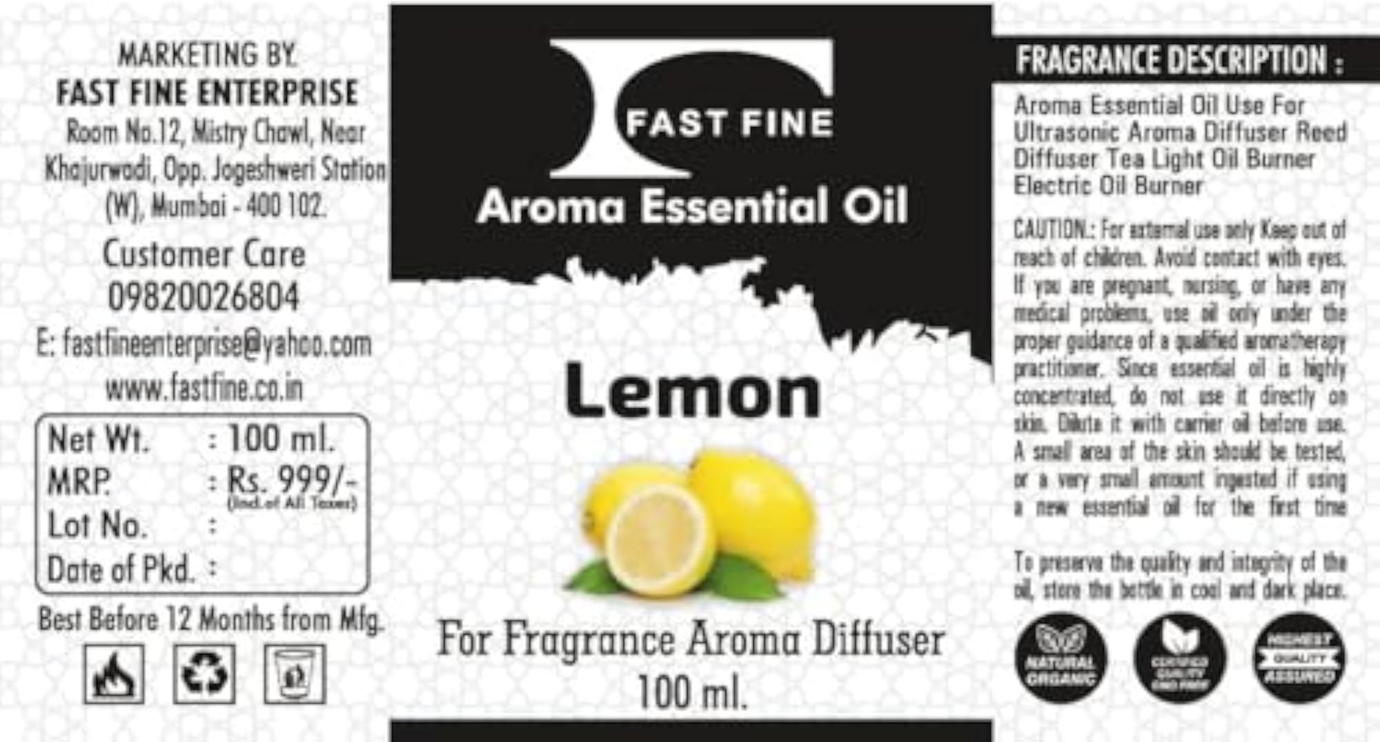 Lemon Essential Aroma Diffuser Oil, 100ML