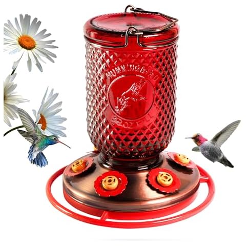Nature's Rhythm Bird Feeder Vintage Red Antique Glass 6 Feeding Stations Glass Hummingbird Feeders 32oz Nectar Capacity Per Feeder Cover