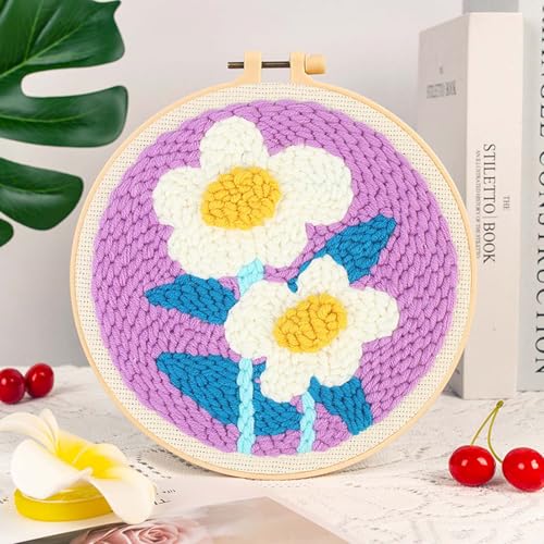 Image of Allazone 3 Set Punch Needle Embroidery Starter Kits with Flower Pattern, Punch Needle Tool Threader Fabric, Yarn, Embroidery Hoop for Crafts, Home Decor