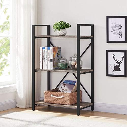 BON AUGURE Small 3 Tier Bookshelf, Rustic Industrial Book Shelf, Short Wood Metal Standing Etagere Bookcase for Living Room, Bedroom and Office (Dark Gray Oak)
