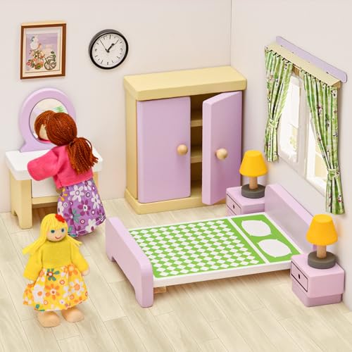 image for Toyssa Wooden Dollhouse Furniture Set, 36PCS Miniature Doll House Acce