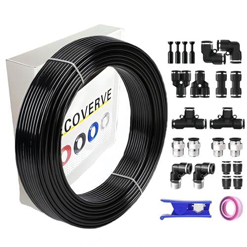 1/4 Inch OD Air Hose Kit, 32.8FT/10M Black PU Airline Tubing with Push-to-Connect Fittings, Compressor Tube Repair Kit for Pneumatic Tools, Air Compressors, Automobiles