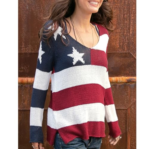 Image of Women American Flag Sweater Loose Vintage USA Sweatshirt Long Sleeve Crewneck Hollow Out 4th of July Jumper