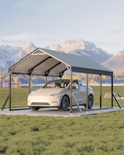 Image of Garvee 10x15x9 ft Metal Carport, Car Port with Reinforced Frame and Steel Roof for All-Weather Use, Permanent Shelter for Sedans, SUVs, or Boats