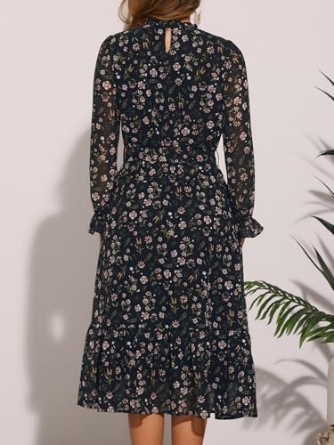 Image of Allegra K Fall Casual Floral Dress for Women 2025 Long Sleeve Crew Neck Chiffon Midi Tea Party Ruffle Dresses