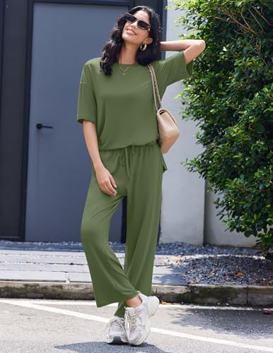 Image of Ekouaer Lounge Sets for Women Short Sleeve Tops and Long Pants Soft Comfy Pajamas Set 2 Piece Outfits