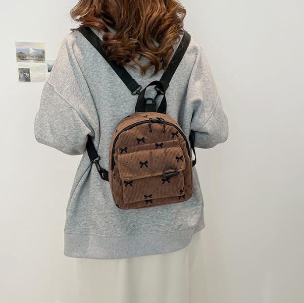 Mini Corduroy Backpack, with Black Bow Pattern, Quilted Design, Small Casual Daypack with Adjustable Straps (Brown)3