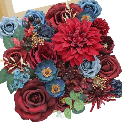Serwalin Artificial Flowers Burgundy Navy Blue Dahlia Flowers Silk Cake Flowers for DIY Wedding Bouquets Fake Flowers for Valentines Day Baby Shower Home Decor ( )