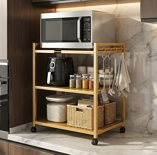 Image of Heavy Duty 3 Tier Metal Storage Rack with Wheels | Microwave Oven OTG Air Fryer & Printer Stand | Multipurpose Kitchen Utility Trolley (Golden)