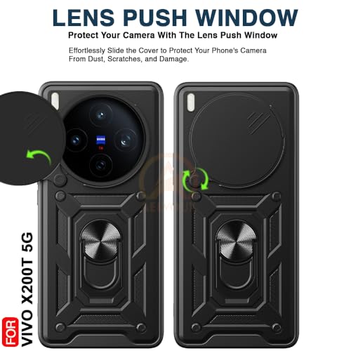 Image of Armor Bumper Back Cover Case for VIvo X200T 5G Rotating Camera Cover, Ring Holder & Kickstand | Heavy Duty & 360 Degree Protection VIvo X200T 5G Back Cover (Black)