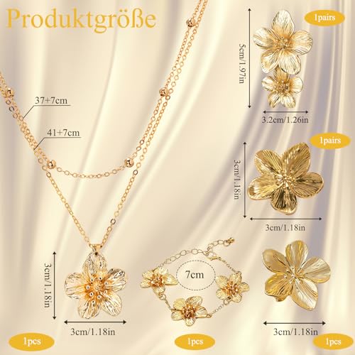 AHEJIOO 5 Stück Gold Schmuck Set Damen, Vintage Blumen Halskette Armband Ring und Statement Ohrringe, Goldschmuck Blumenohrringe Gold für Hochzeit Party, Goldene Ohrringe Damen Geschenkidee – Bild 2