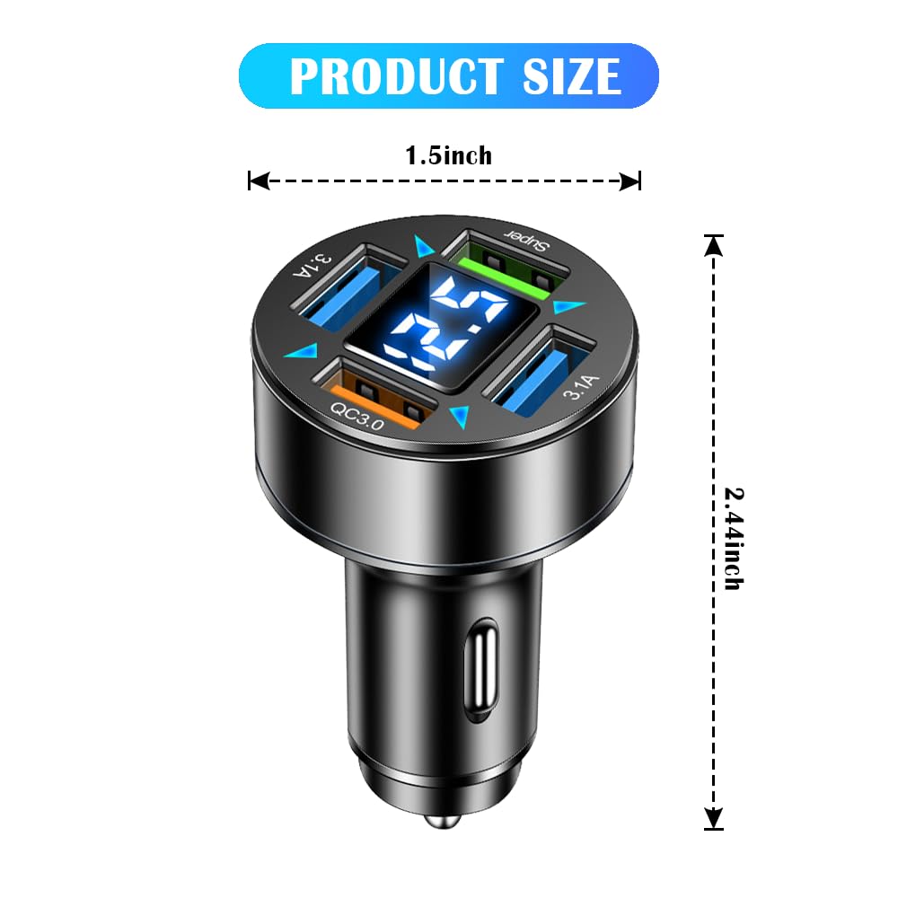 Car Charger,4 Ports Fast Car Charger with Plug Outlet/LED Voltmeter/QC3.0/Super Port,Universal Car Accessories Cigarette Lighter USB Charger Compatible with Android,Samsung Galaxy(QC3.0/Super)