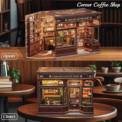 Image of Corner Coffee Shop Book Nook Kit with LED Light, DIY Miniature Cafe Bookshelf Decor, 3D Wooden Puzzle House for Adults, Teens & Gifts (294 Pieces)