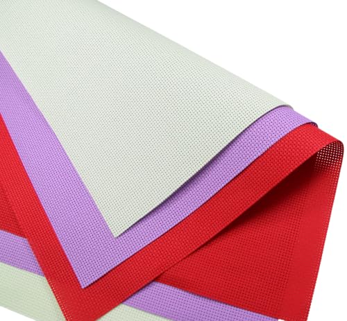 Image of KCS 3 pc of 15 inch x 18 inch(38cmx45cm) 11 Count Cross Stitch Cotton Aida Cloth Needlework Rolled Fabric Box,11CT,Light Green+Lavender+Red