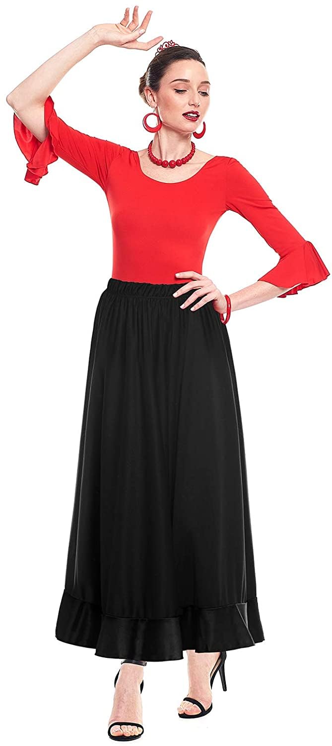 Falda Flamenco Mujer Español, Falda Ensayo Flamenco Largo Negro Rojo Volante Simple Volante Doble para Mujer Falda Baile Danza Clase Fiesta