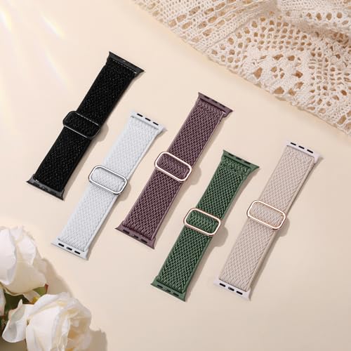 Image of Easuny 5 Pack Stretchy Bands Compatible with Apple Watch 40mm 41mm 42mm 38mm 44mm 45mm 46mm Women, Elastic Fabric Nylon Strap Wristband for iWatch SE 3 2 1 Series 11 10 9 8 7 6 5 4 3 Boho Solo Loop