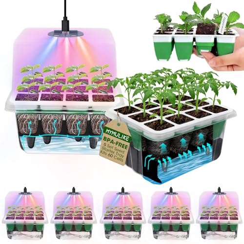 MYMULIKE Seed Starter Tray with Grow Light 5 Pack 60 Cells Seedling Tray Kit Reusable & Dishwasher Safe for Starting Vegetable Flower & Herb Seeds Indoor Grow Kit for Deep-Rooted Seedlings