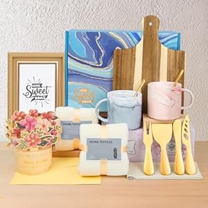 15Pcs Luxury Housewarming Gift Basket, Complete Welcome New Home Gift Set Acacia Cutting Board, Marble Mugs, Gold Cheese Knives, Photo Frame, 3D Card, Unique Closing Gift for Couple First Apartment