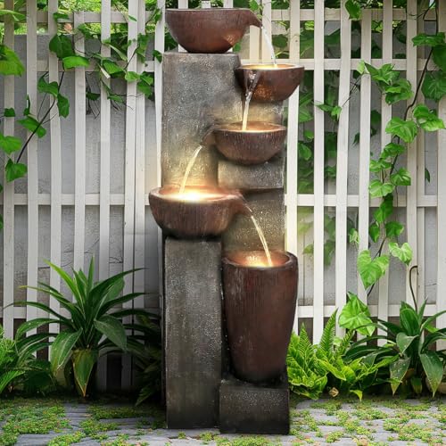 Image of SunJet 5-Tier Outdoor Water Fountain Resin Fountain Decor with LED Lighting Natural Polyresin Looking Stone Decor for Garden Patio Fold Court Yard Deck 12.99 inch L x 13.78 inch W x 39.76 inch H