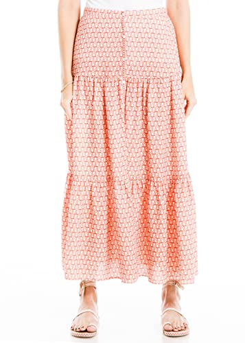 Max Studio Women's Button Front Tiered Midi Skirt, Coral/Black Tulip Dots, Large