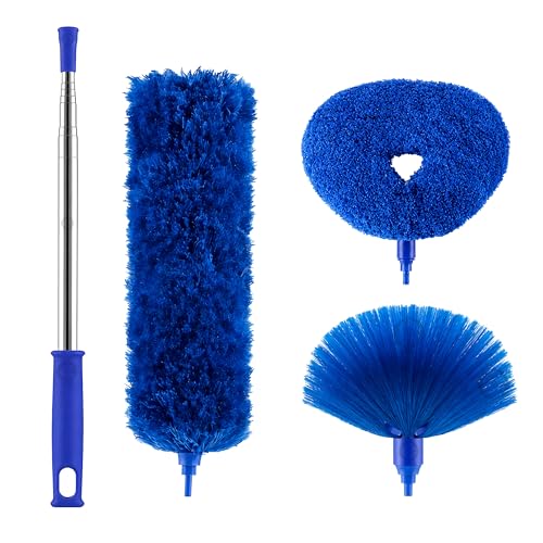 Image of 100-Inch Extendable Microfiber Feather Duster with Stainless Steel Pole - Bendable & Washable Cleaning Tool for High Ceiling Fans, Blinds, and Furniture (BLUE-FD-3IN1)