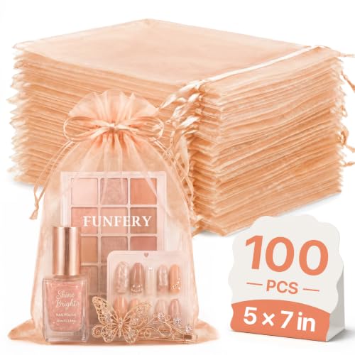 Image of FUNFERY 100PCS Peach Champagne Organza Gift Bags 5x7in,Drawstring Pouch