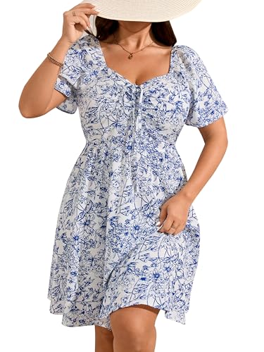 Image of RWJ Women Plus Size Summer Dress Short Sleeve Tie Front Sweetheart Neck Casual Mini Wedding Guest Dresses 2025