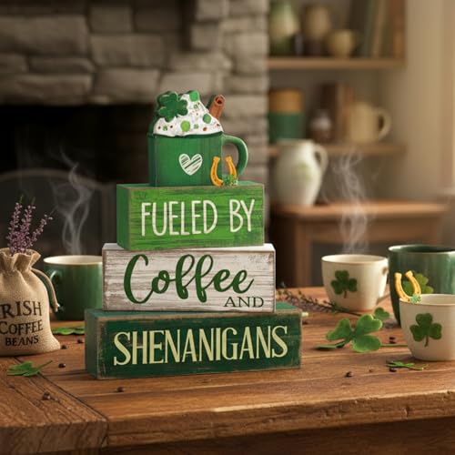 Image of Moucuny 4 Pcs St Patricks Day Table Decoration Wooden Green Ice Cream Cup St. Patrick's Day Tiered Tray Decor Irish Centerpiece Green and White Happy St Patricks Coffee Bar Decor for Home Kitchen