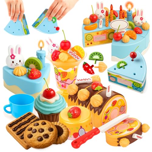 Toyana Kids Birthday Cake Toy 75 PCs DIY Pretend Play Cake Decoration Accessories with Musical Light up Candle & Desserts Party Playset Play Food Cutting Gift for Children 3+ Year Girls - Blue