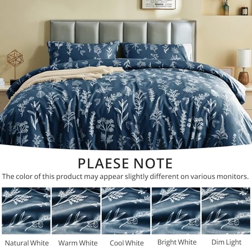 MUXHOMO Duvet Cover Queen Size, Reversible Floral Navy Duvet Cover Set with Zipper Closure, 3 Pieces Botanical Patterns Soft Microfiber Bedding Set with 4 Ties (90"x90", 2 Pillow Cases)