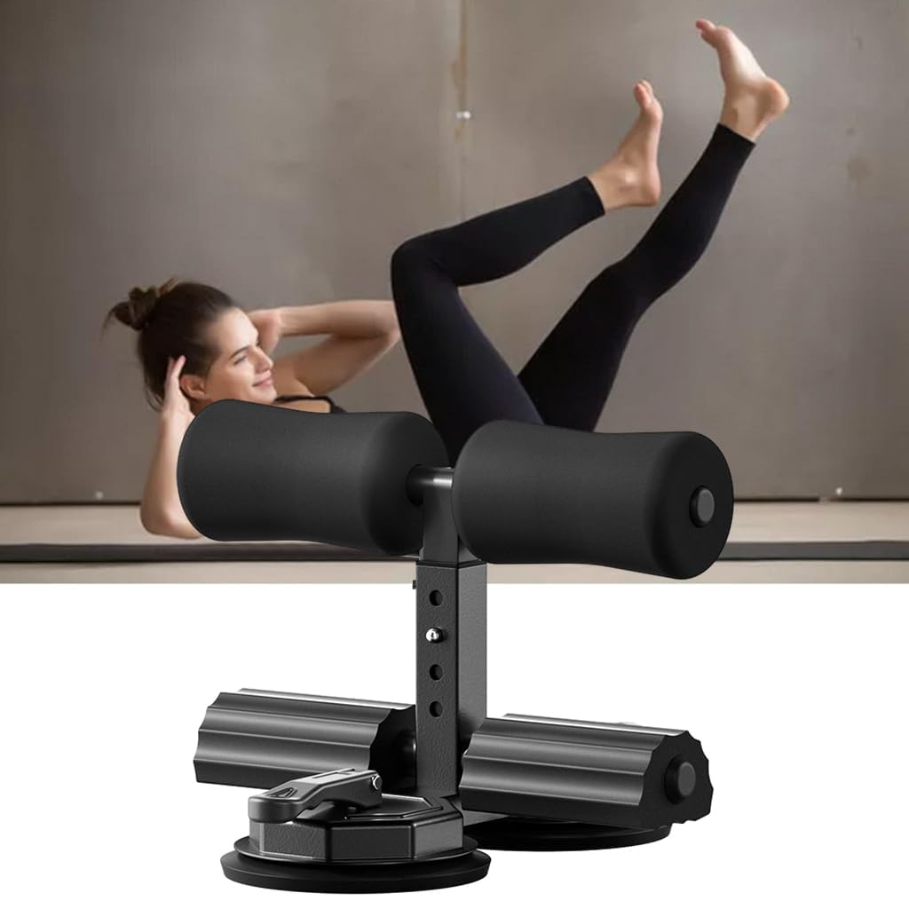 FASTUNBOX (LABEL) Portable Floor Sit-Up Bar, 3 Height Adjustable Super Strong Suction Sit-Up Assistant Device with 2 Suction Cups. (Black)