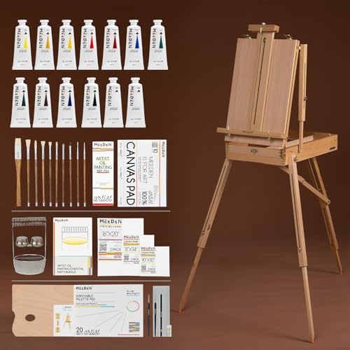 MEEDEN Oil Painting Set with French Easel, Paint Kit with Easel,7x100ml/3.38oz Paint, Paintbrushes,Canvas & Oil Painting Supplies for Adults &Artists
