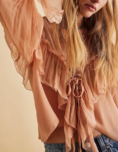 Image of Sexy Pink Ruffle Shirt Flowy Lace Long Sleeve Front Tie Chiffon Top Boho Embroidered Peasant Blouse Summer Bow Tie Front Peplum Tops for Women