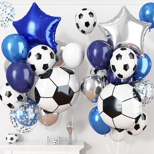 Image of Soccer Balloons, Metallic Blue Silver Balloons, Sport Theme Party Balloons