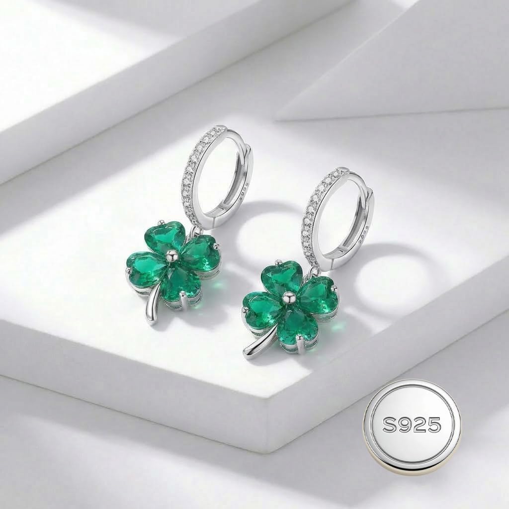 Reffeer Solid 925 Sterling Silver CZ Clover Leaf Earrings Drops for Women Teens Shamrock Earrings Hoops Green St Patrick’s Day