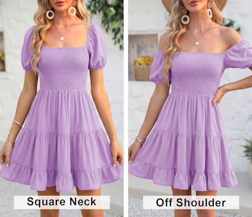 Image of Veatzaer Women's Puff Sleeve Square Neck Smocked Babydoll Dress Boho Floral Print Off Shoulder Ruffle Mini Short Dress