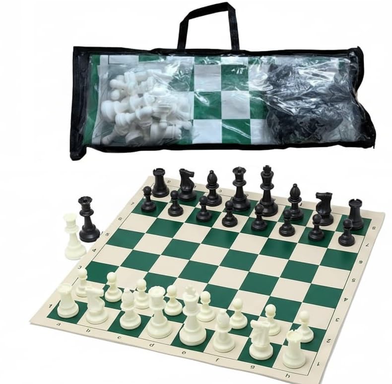 Tima Best Value Tournament Chess Set 17"x 17" Solid Chess Pieces and Green Mat Roll-Up Vinyl Chess Mat, Plastic Filled Pieces with 2 Extra Queens & Carry Bag