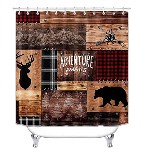 CamilleAndrew-4PCS-Cabin-Shower-Curtain-Set-Bear-Deer-Elk-Moose-Woodland-Animal-Hunting-Lodge-Patchwork-Red-Black-Buffalo-Plaid-Christmas-Country-Rustic-Farmhouse-Bathroom-Decor-Non-Slip-Bath-Mat CamilleAndrew 4PCS Cabin Shower Curtain Set Bear Deer Elk Moose Woodland Animal Hunting Lodge Patchwork Red Black Buffalo Plaid Christmas Country Rustic Farmhouse Bathroom Decor Non Slip Bath Mat