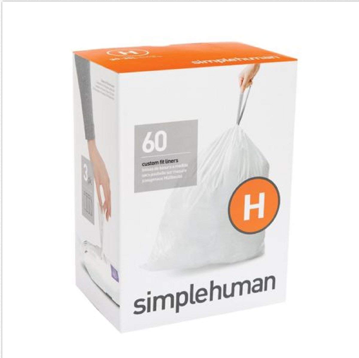 simplehuman Easy to lift, tie and carry Convenient drawstring handles code H custom fit liners 3 refill packs, (60 liners),Code H - 30-35L