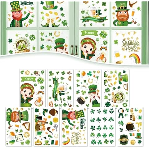 St. Patrick's Day Festive Window Clings Decorations,270PCS Double-Sided Irish Green Elf Shamrock Stickers for Home, School, and Classroom Decor. Cover