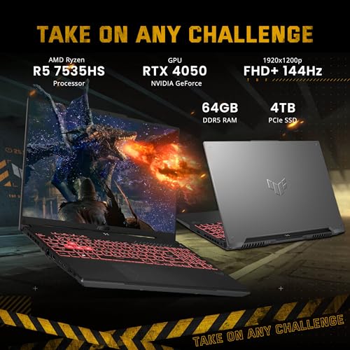Image of ASUS TUF A16 16 inch FHD+ 144Hz Gaming Laptop, AMD Ryzen 5 7535HS, GeForce RTX 4050, 64GB DDR5 RAM, 4TB SSD, Backlit Keyboard, Num Pad, Copilot, Wi-Fi 6, Black, Win 11 Pro, 1TB Docking Station Set