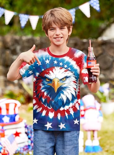 Image of BesserBay Unisex Kids 4th of July American Flag Tee Tie Dye Patriotic Short Sleeve Shirt 6-14 Years