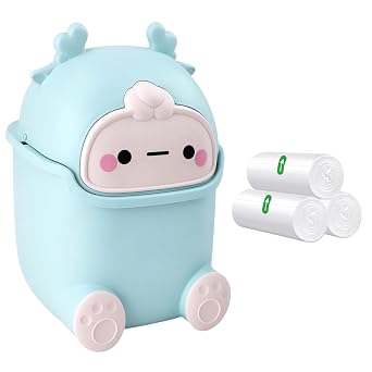 Mini Desk Bin, Cute Desktop Trash Can Wastebasket with 3 rolls Trash Bags, Creative Tiny Trash Can with Flip Lid, Cartoon Plastic Countertop Garbage Can for Bedroom, Kitchen, Office Blue