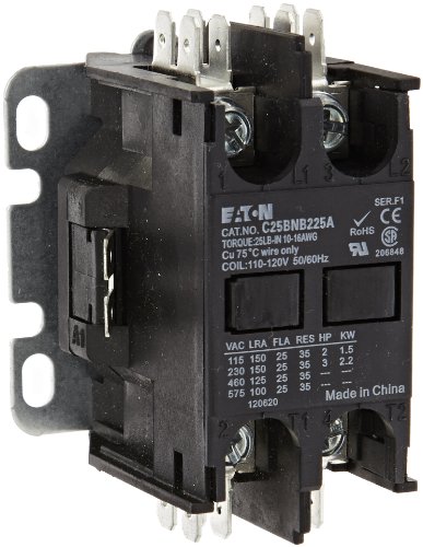 Eaton C25BNB225A Compact Definite Purpose Contactor, 25A Inductive Current Rating, 2 Max HP Rating at 115V, 3 Max HP Rating at 230V, 120VAC Coil Voltage