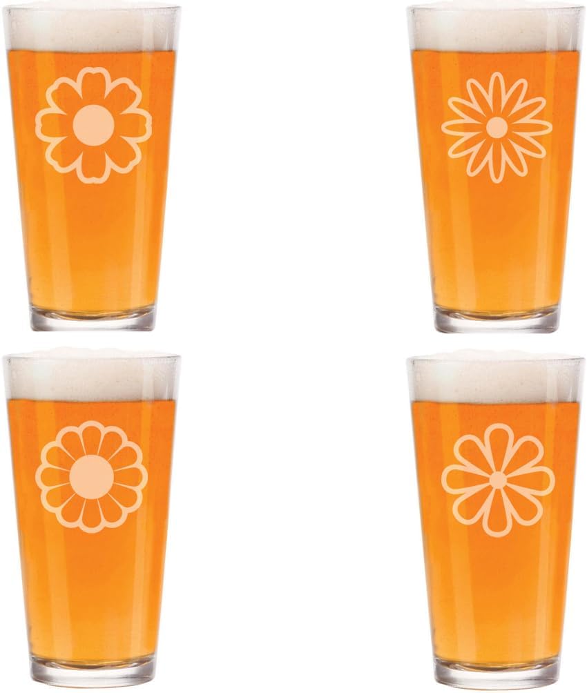 MIP 16 oz Beer Pint Glass Gift Set Of 4 Stylized Flowers Collection