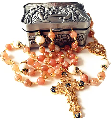 elegantmedical Handmade Wire Wrapped Orange Moonstone &10mm Real Pearl Beads Rosary Cross/Crucifix Necklace Box Catholic Womens Gift
