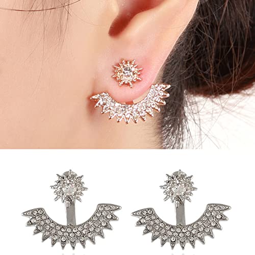 Jumwrit Starburst Earrings: Spike Ear Jacket & Dangle Earrings in Silver with Rhinestone Stones2